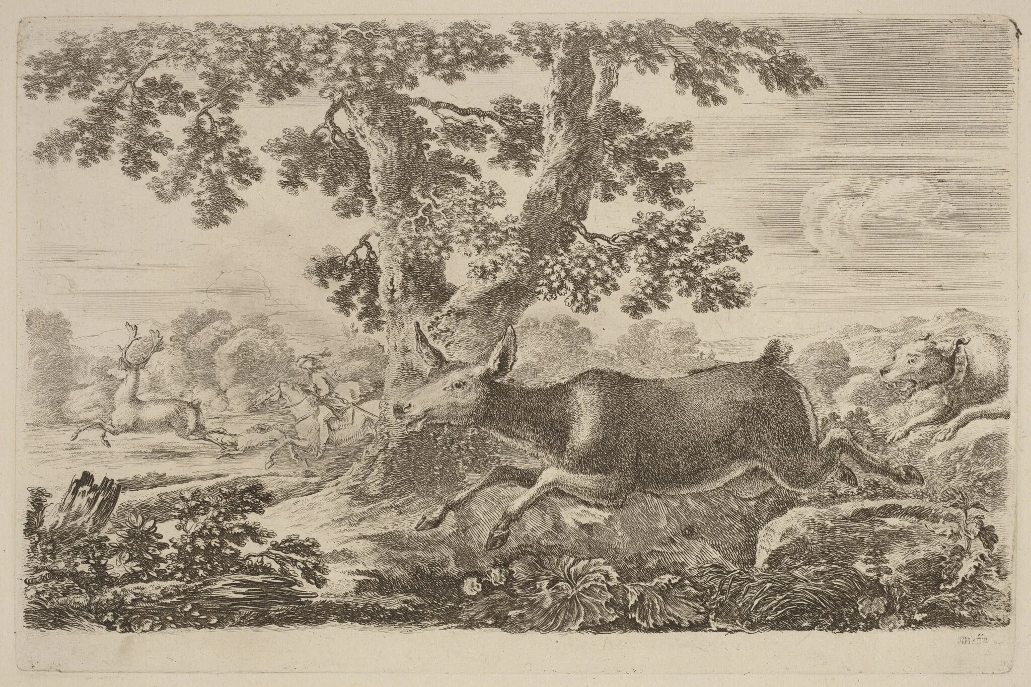 Deer Chased by a Dog to the Right, by Stefano Della Bella, ink, 1637