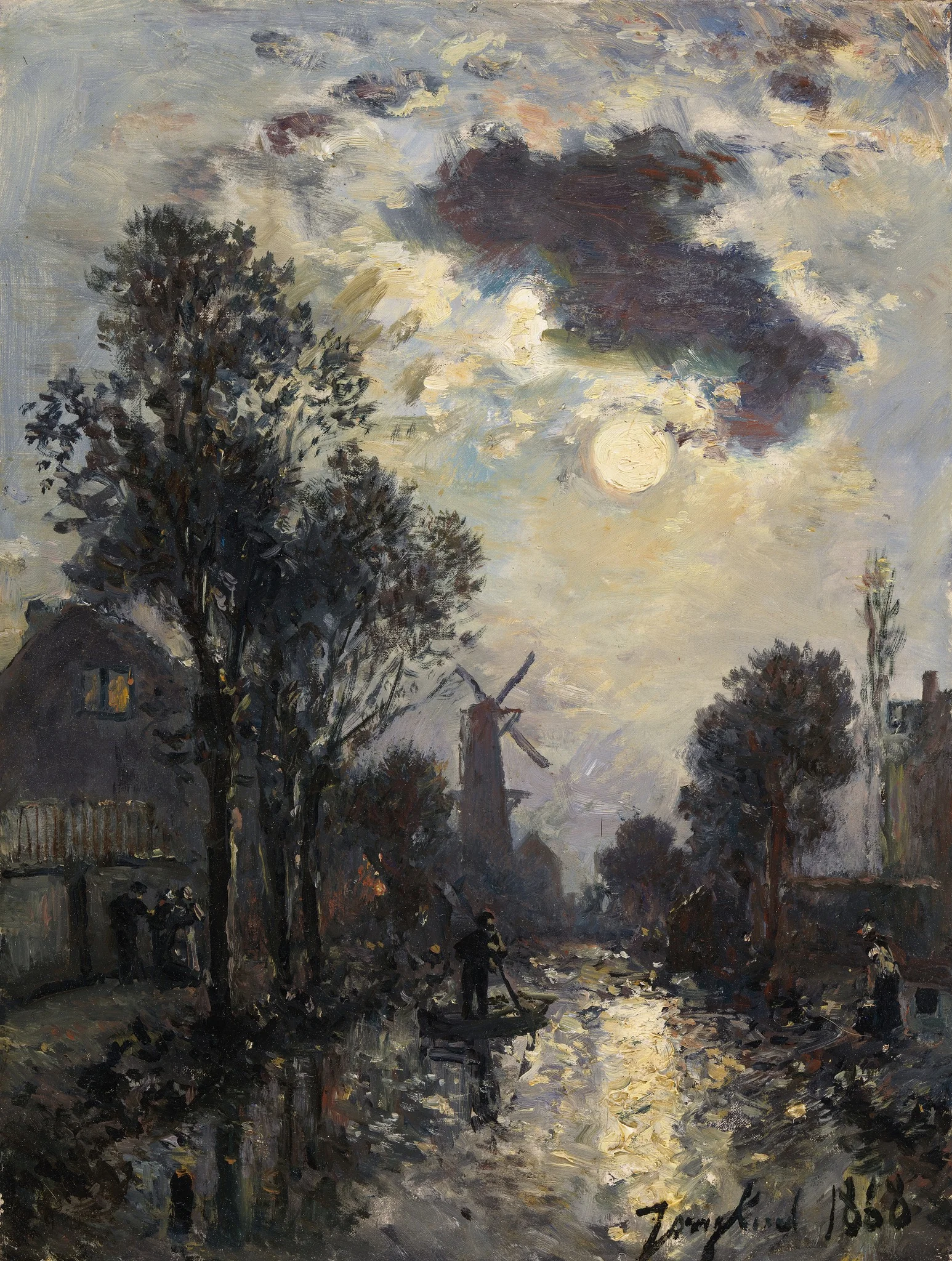 A Windmill in Moonlight, by Johan Jongkind, oil, 1868