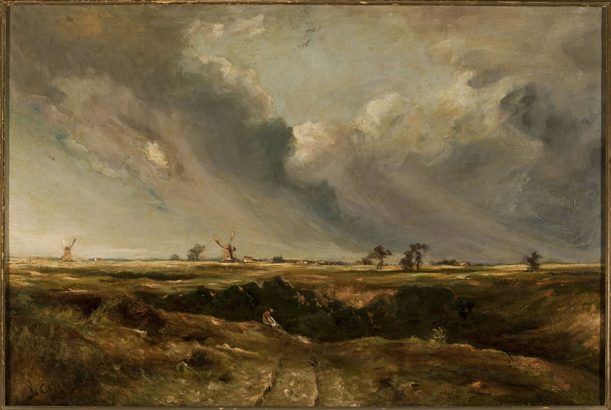 Landscape with windmills, by John Crome, oil, 1804