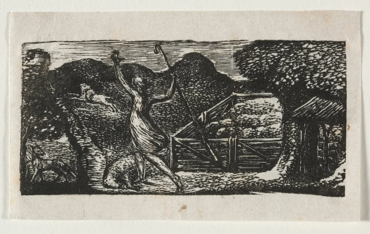 The Pastorals of Virgil, Eclogue I:  The Shepherd Chases away a Wolf, by William Blake, 1821