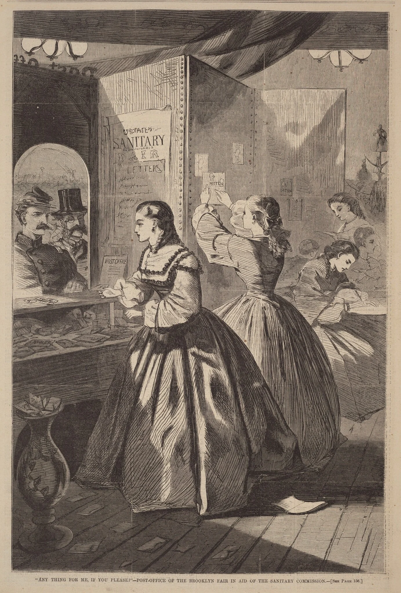 "Any Thing for Me, If You Please?" - Post Office of the Brooklyn Fair in Aid of the Sanitary Commission, by American 19th Century, ink, 1864