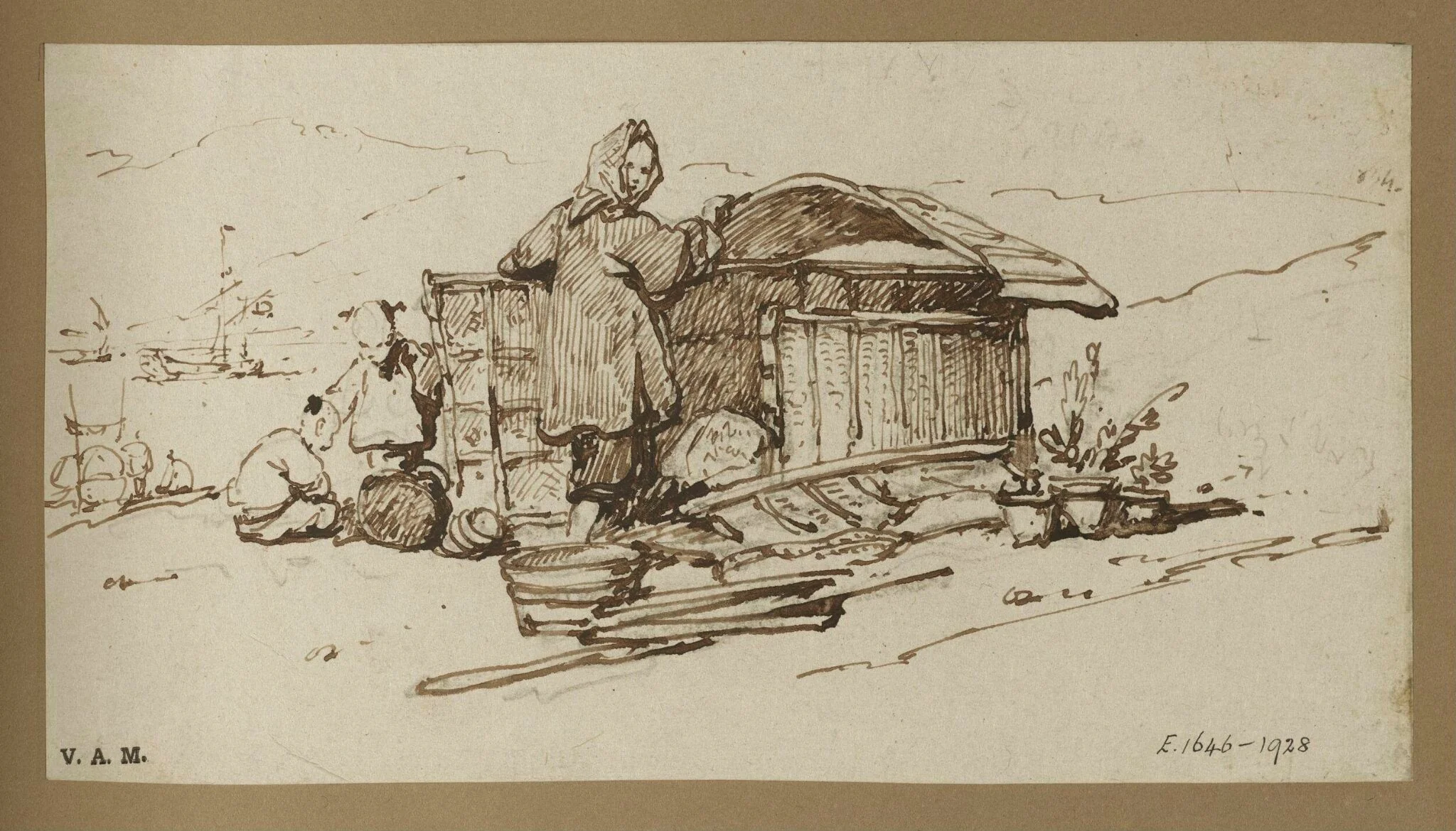 Chinese boatpeople by a makeshift dwelling on the shore, by George Chinnery, 19