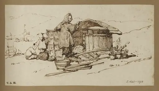 Chinese boatpeople by a makeshift dwelling on the shore