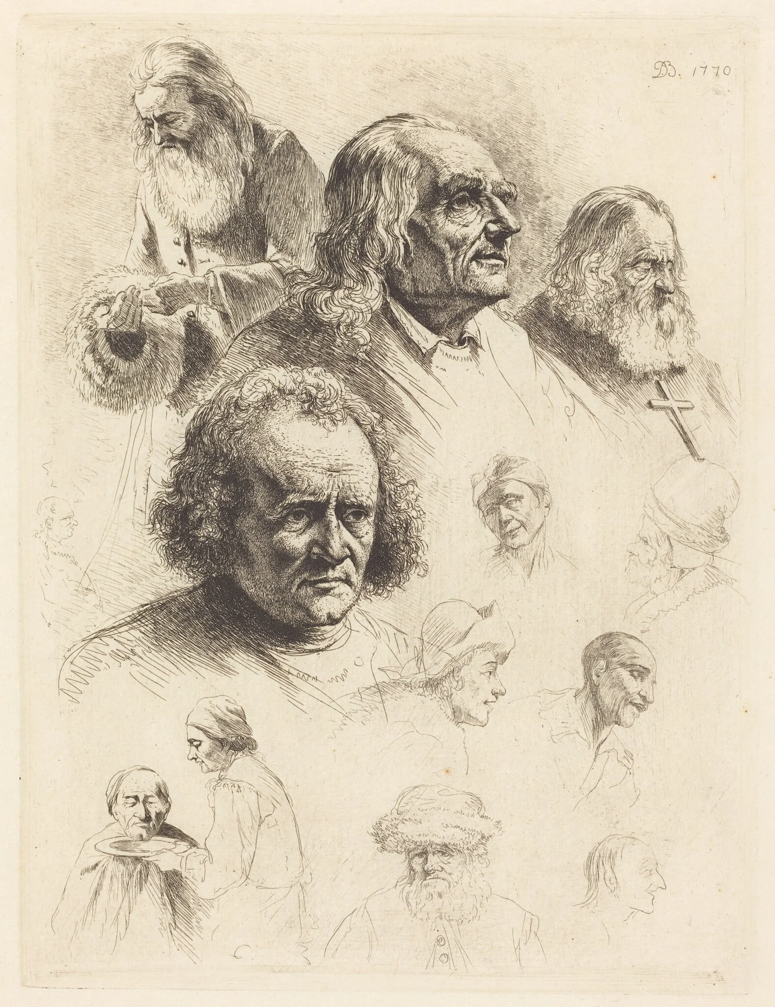 Thirteen Studies of Heads, by Jean-Jacques de Boissieu, ink, 1770