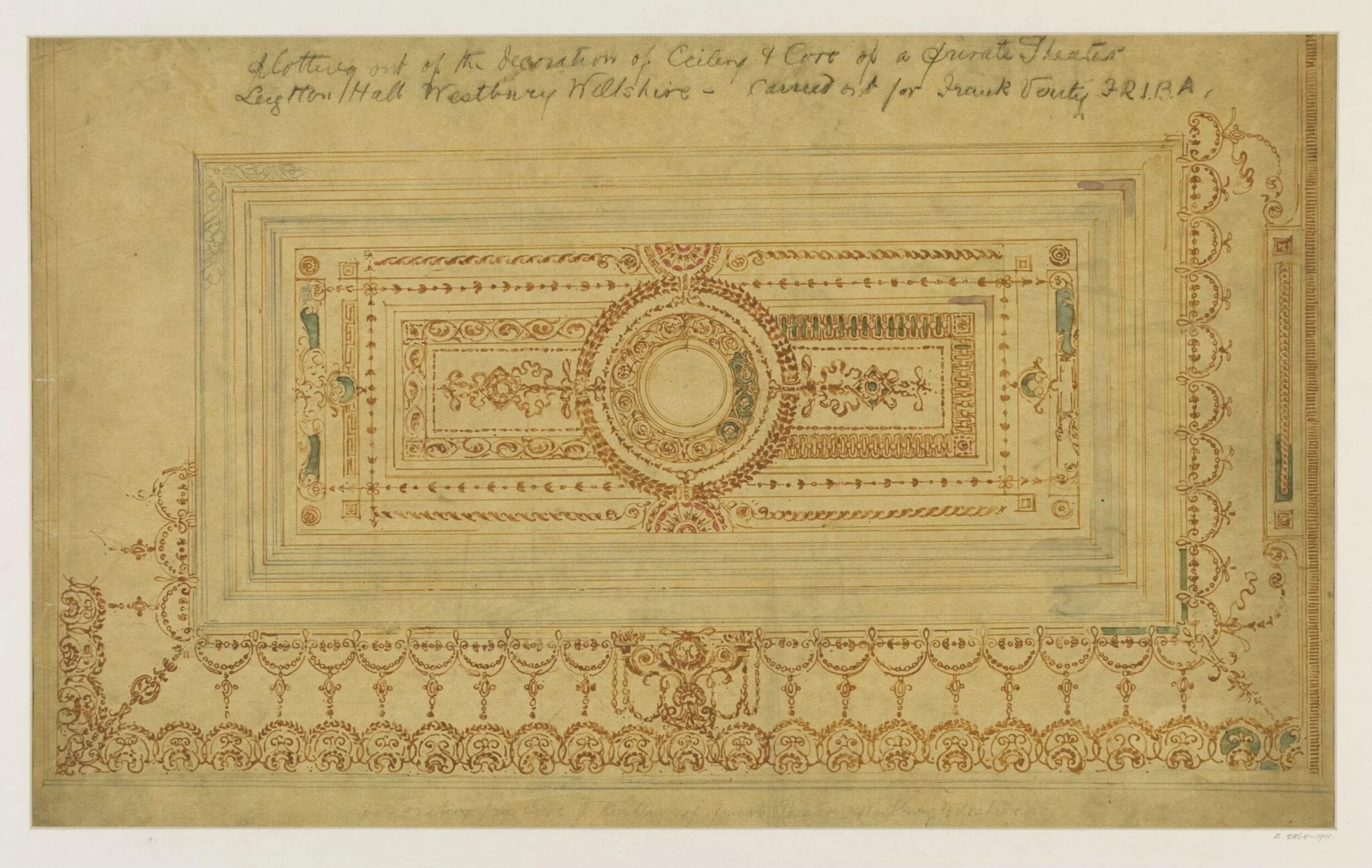 Design for decoration of private theatre at Leighton Hall, by Townroe, watercolor