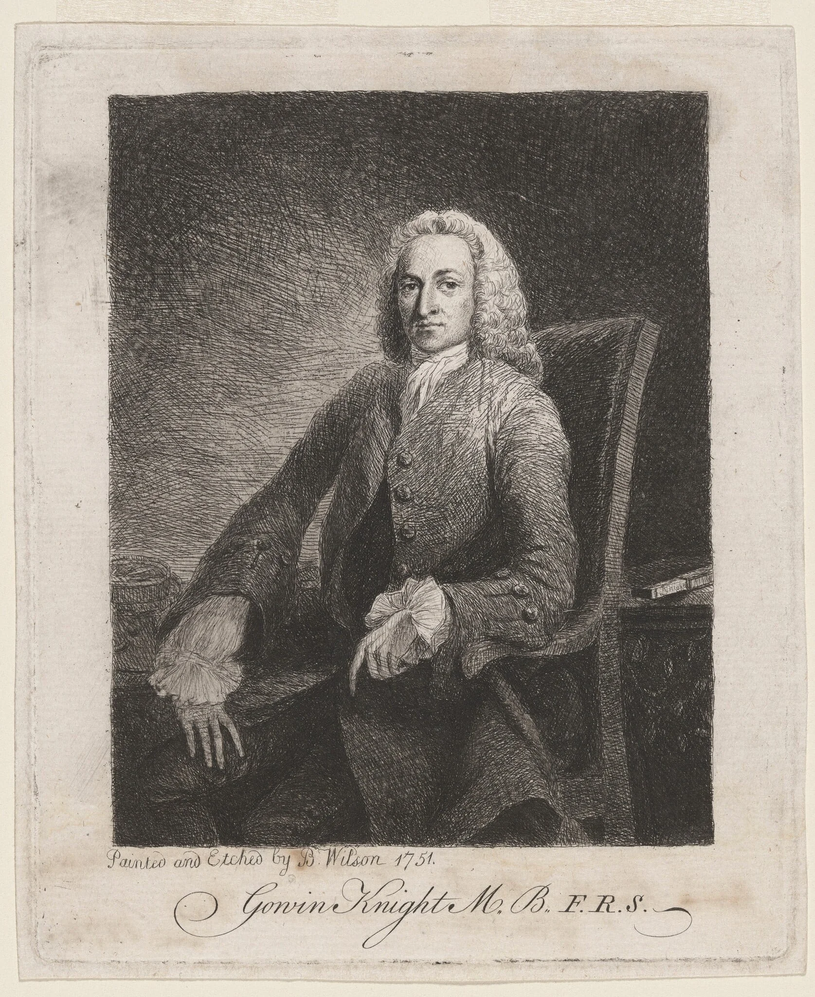 Gowin Knight, M.B., F.R.S., by Benjamin Wilson, ink, 1751