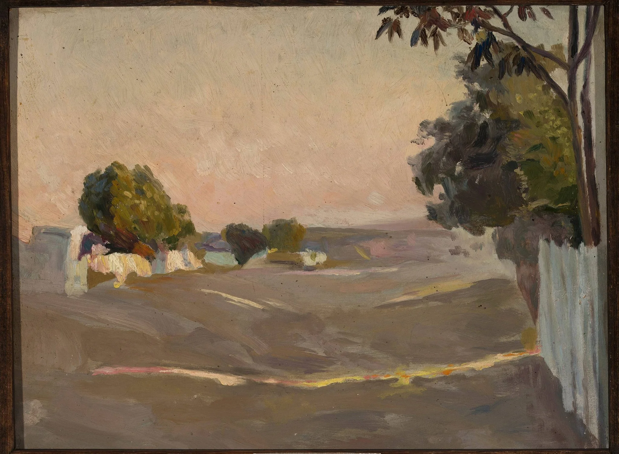 Landscape with houses and a fence, by Jan Stanisławski, oil, 1900