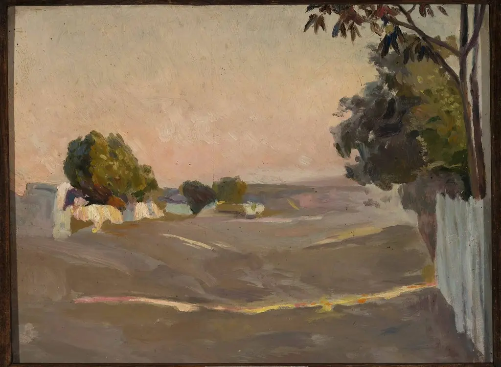 Landscape with houses and a fence