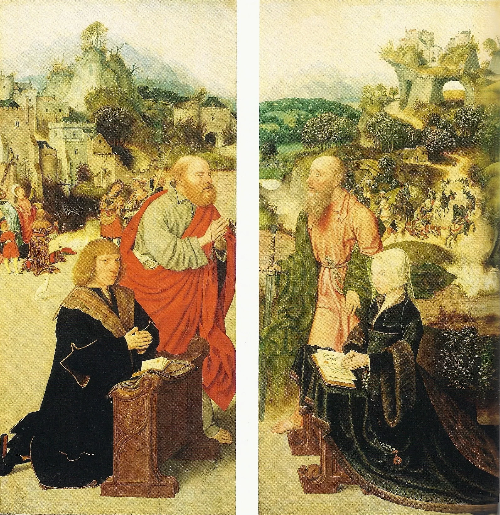 The donor, possibly Aelbrecht Adriaensz. van Adrichem with St. Peter (left); the donor, possibly Elisabeth van Dorp with St. Paul (right), by Jan Mostaert, oil, 1512