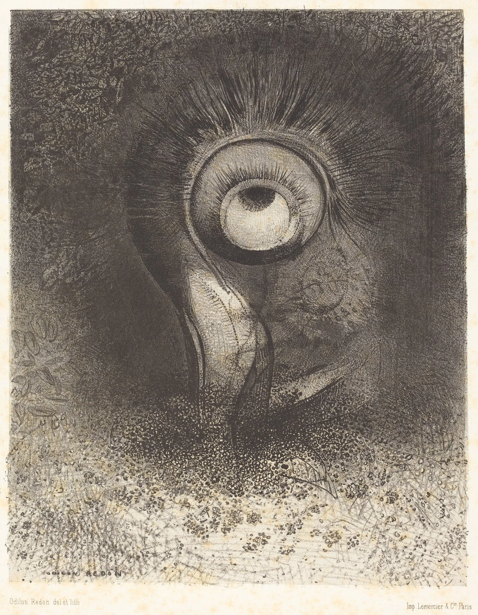 Il y eut peut-etre une vision premiere essayee dans la fleur (There was perhaps a first vision attempted in the flower), by Odilon Redon, ink, 1883