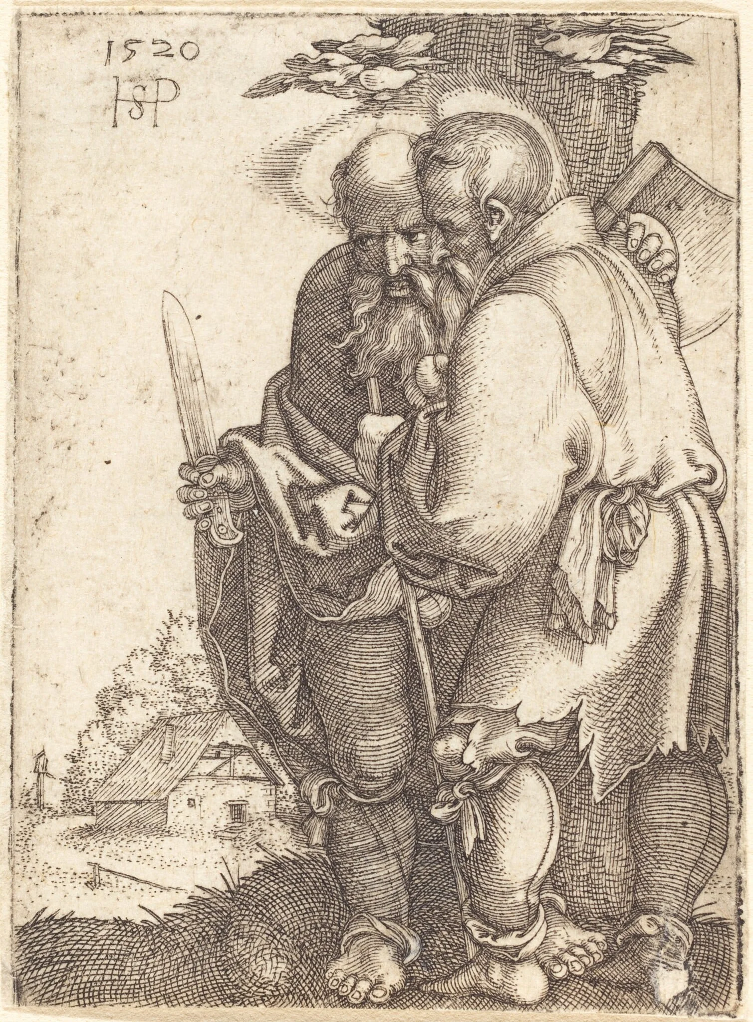 Saint Bartholomew and Saint Matthias, by Sebald Beham, ink, 1520