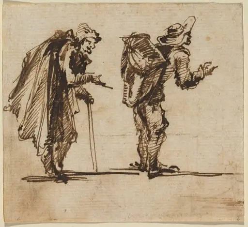 An Old Man with a Cape and a Rustic with a Backpack