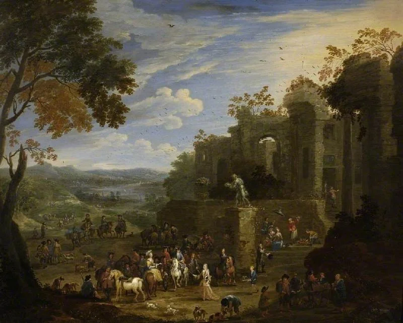 Landscape with a hunting party, by Mathys Schoevaerdts, oil, 1694