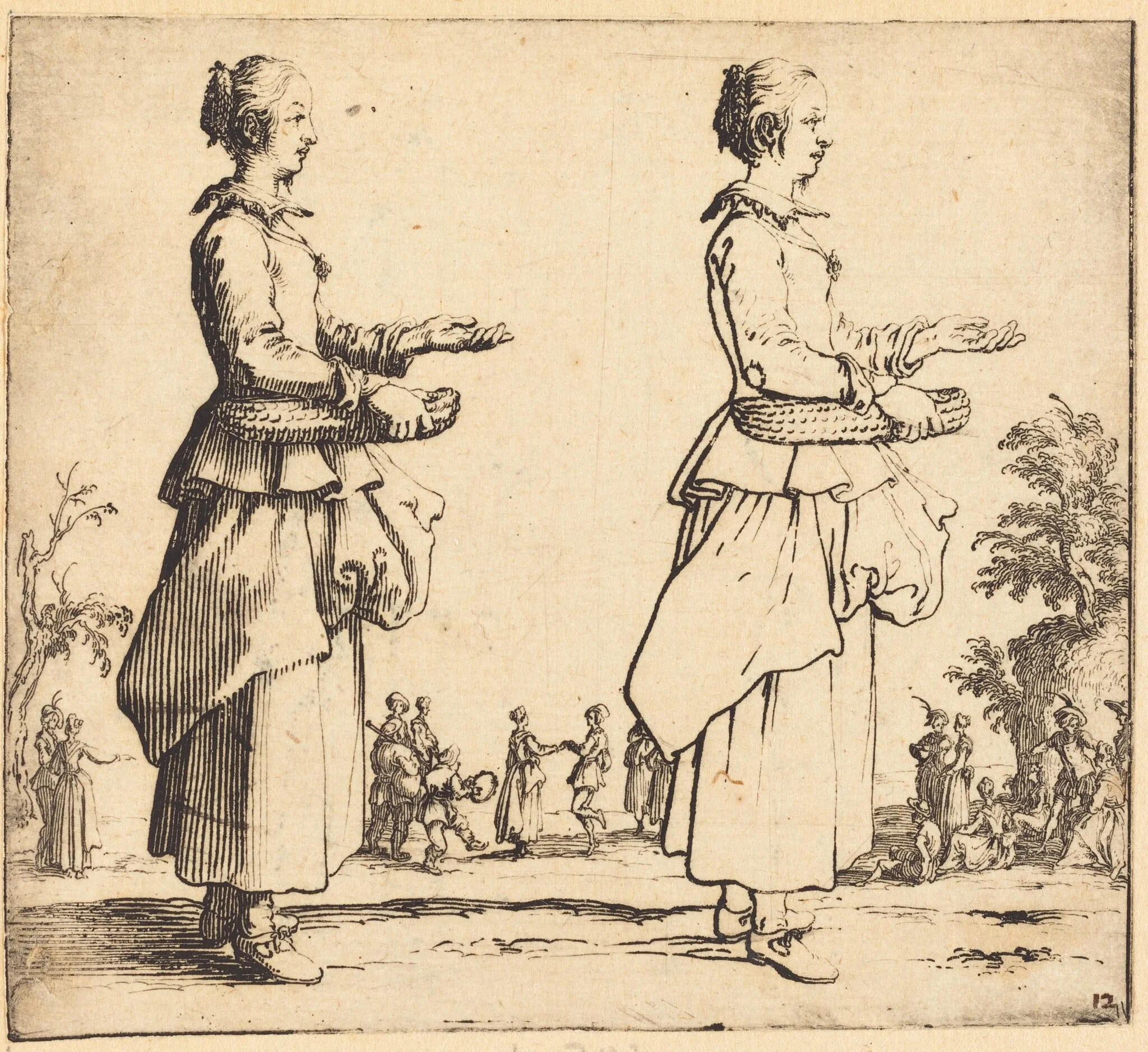 Peasant Woman with Basket, in Profile, Facing Right, by Jacques Callot, ink, 1622