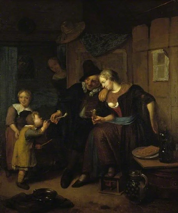 Family scene, by Richard Brakenburgh, oil, 1690
