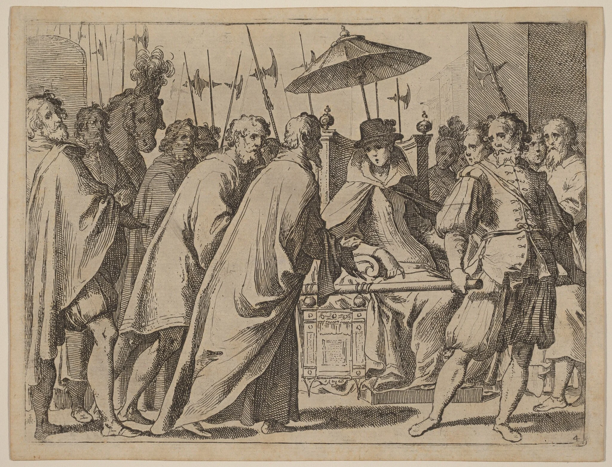 Margaret of Austria Being Carried in a Chaise, by Raffaello Schiaminossi, ink, 1612