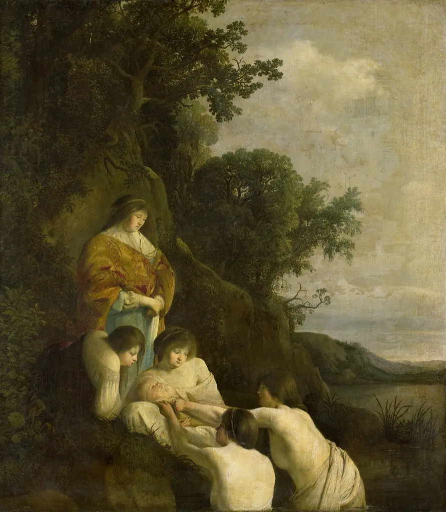 Pharao's daughter discovers Moses in the rush basket