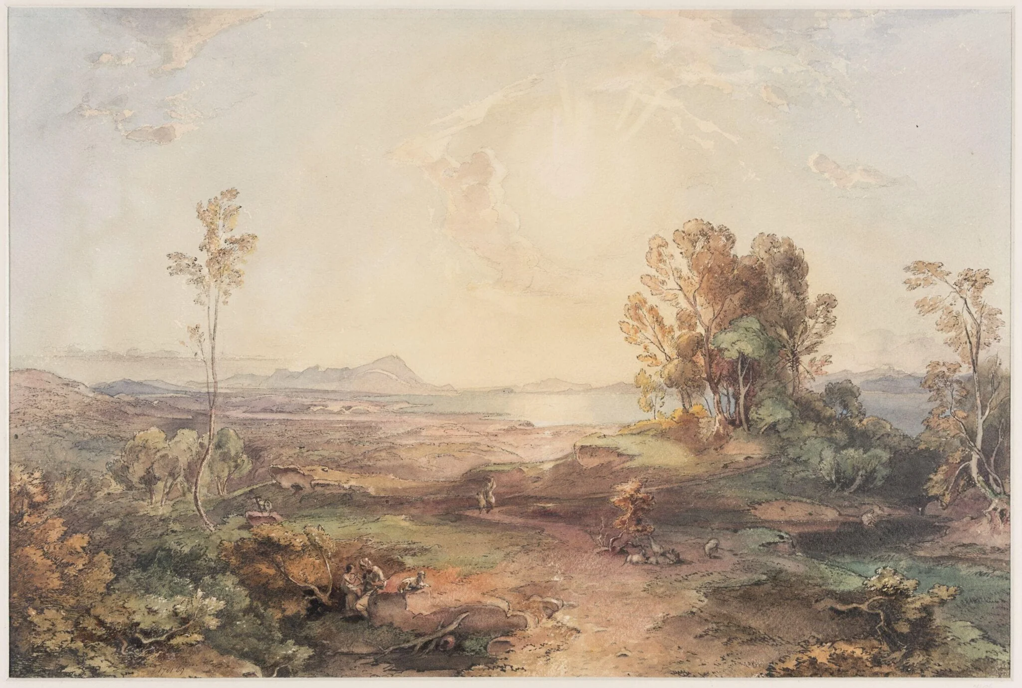 Landscape with figures, sheep and goats
