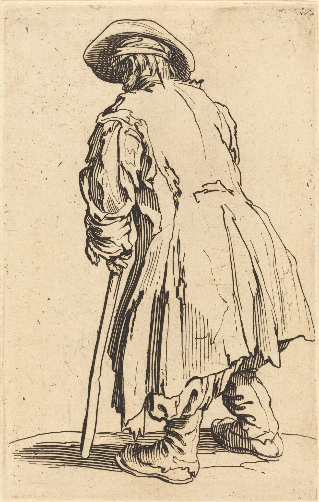 Old Beggar with One Crutch, by Jacques Callot, ink, 1622