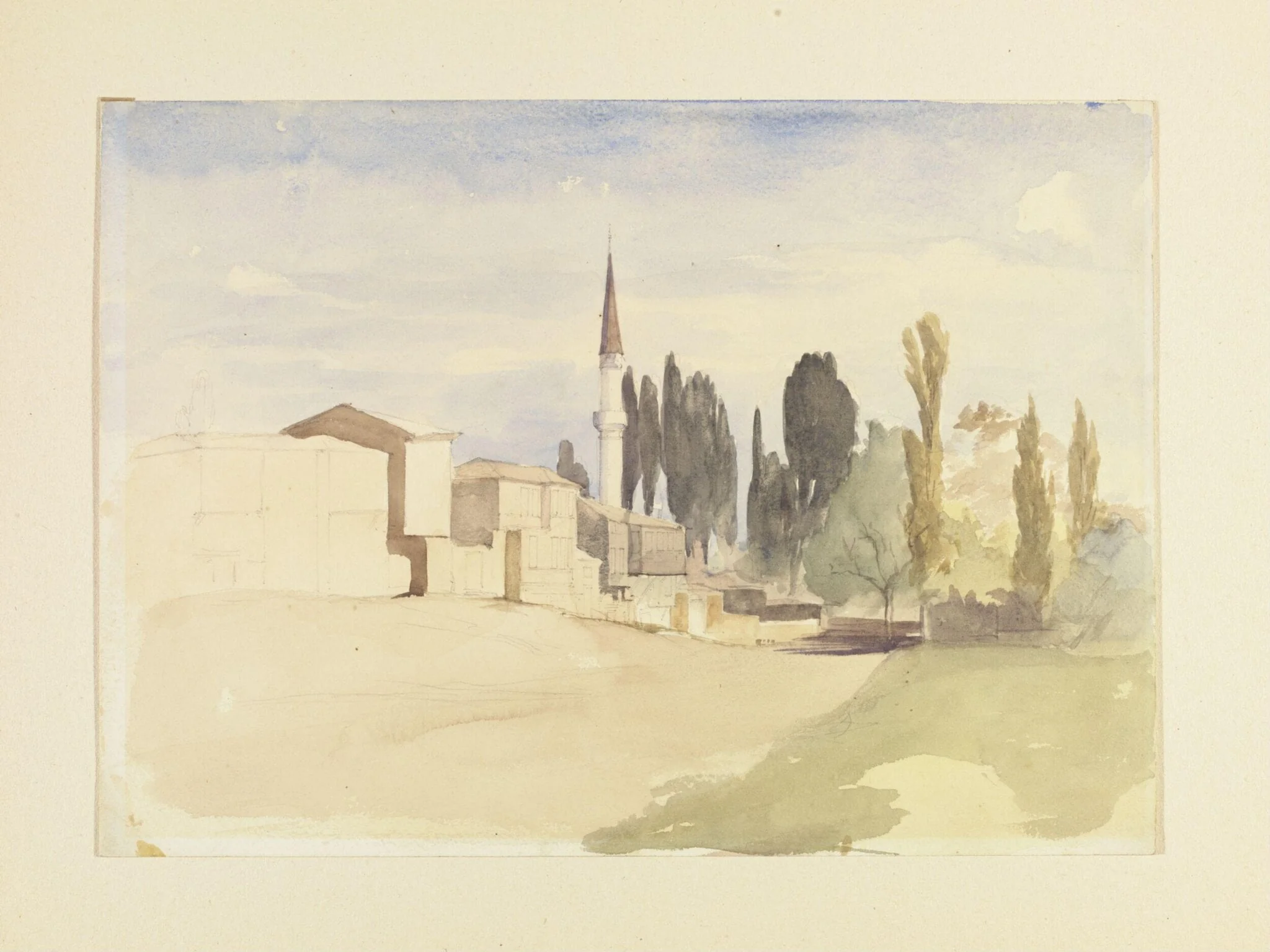 A group of houses, a minaret and cypress trees, by Edward Armitage, watercolor, 1855