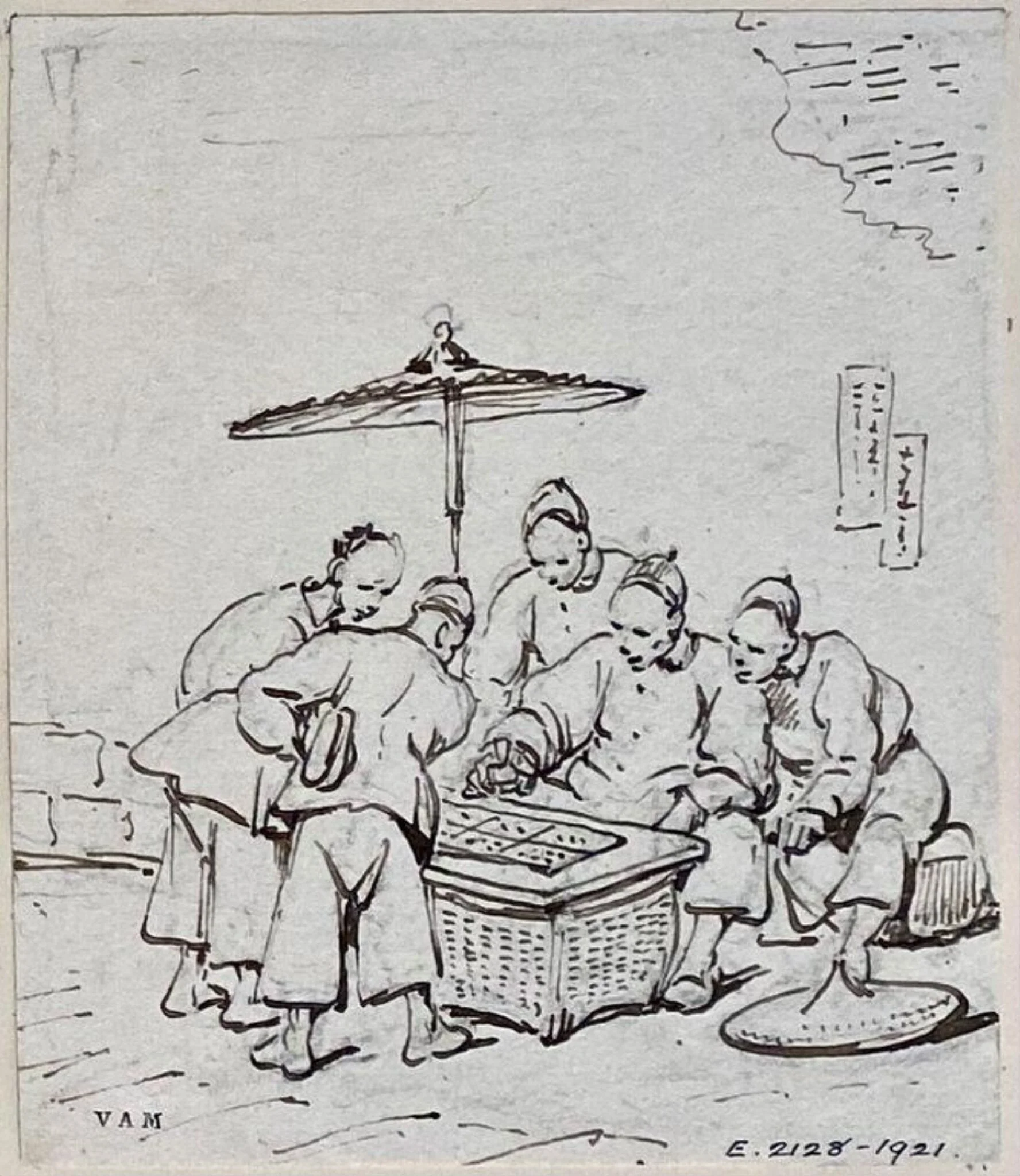 Drawing, Chinese players beneath a parasol, by George Chinnery, 19