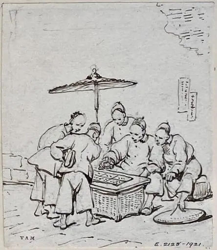 Drawing, Chinese players beneath a parasol