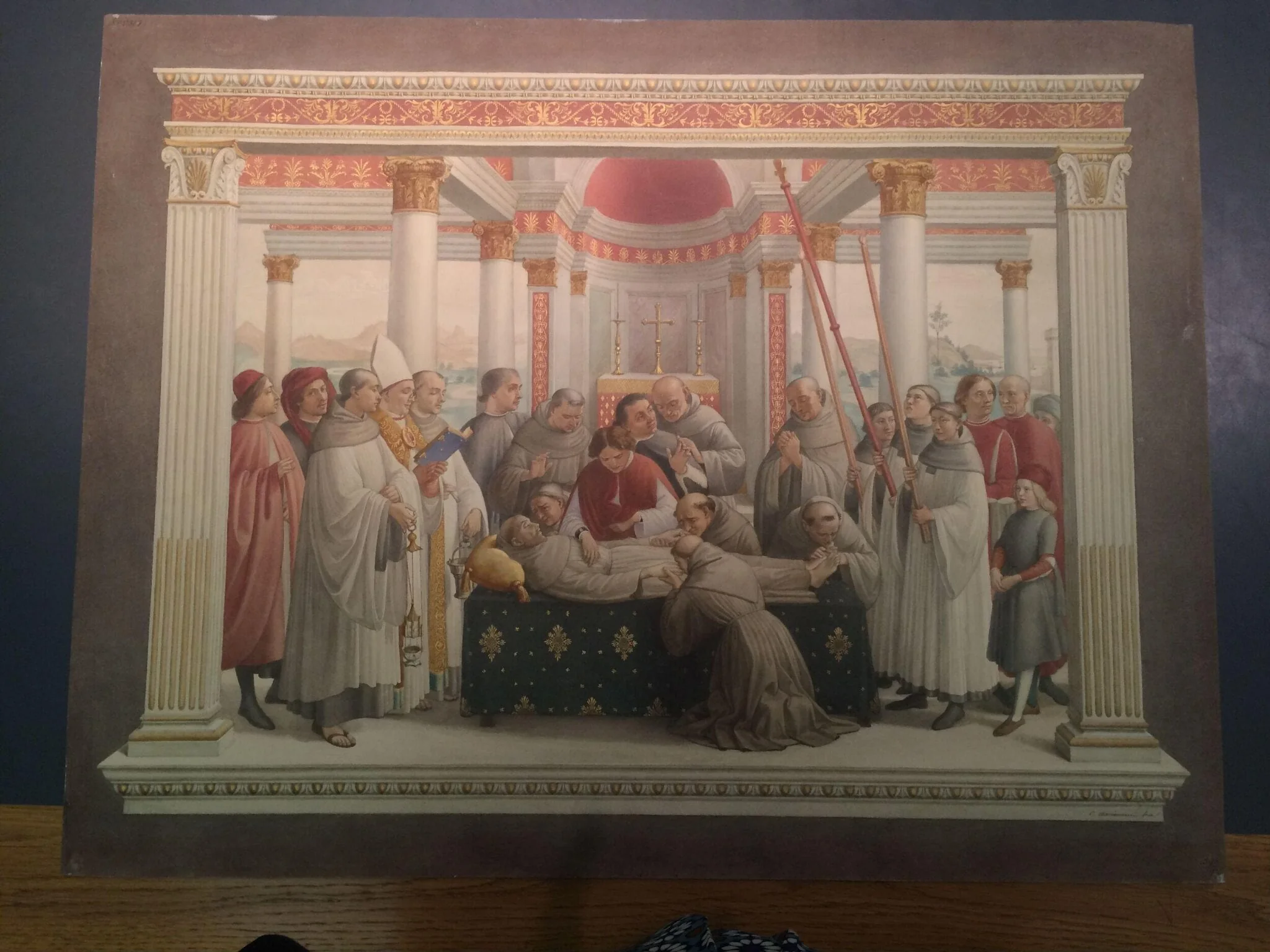 Copy after the Death of St Francis, Domenico Ghirlandaio in the Sassetti Chapel, Chiesa di Santa Trinita (Florence), by Domenico Ghirlandaio, watercolor, 1860