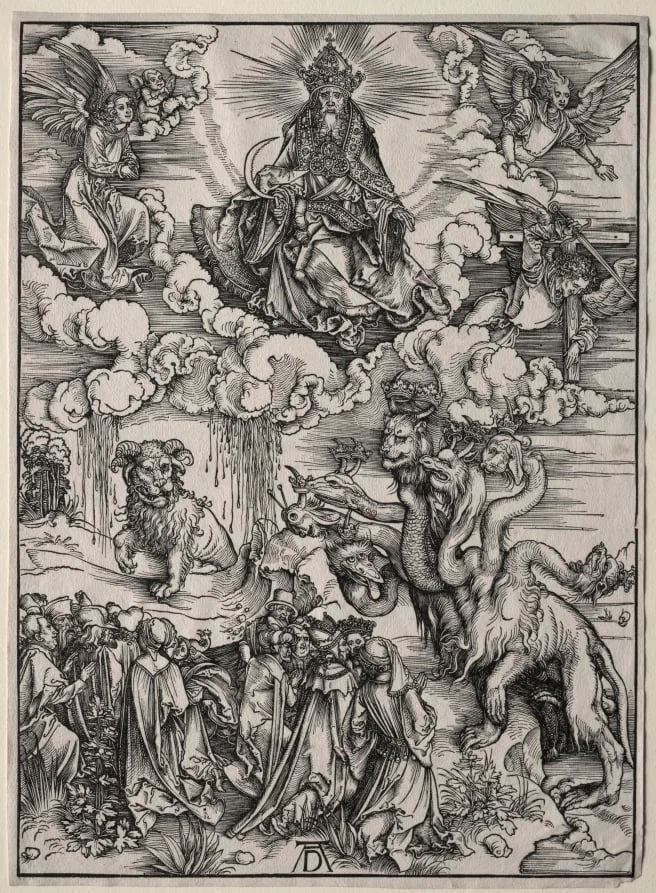 The Beast with Seven Heads and the Beast with Lamb's Horns, by Albrecht Dürer, 1497