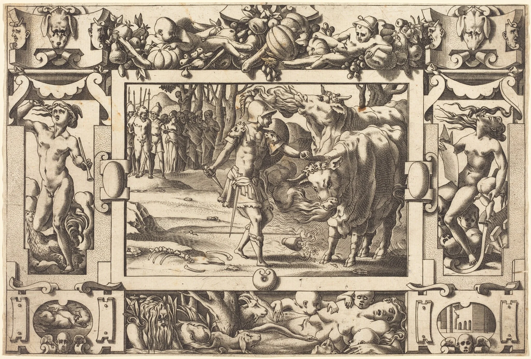 Jason Tames the Two Bulls of Mars, by René Boyvin, ink, 1563