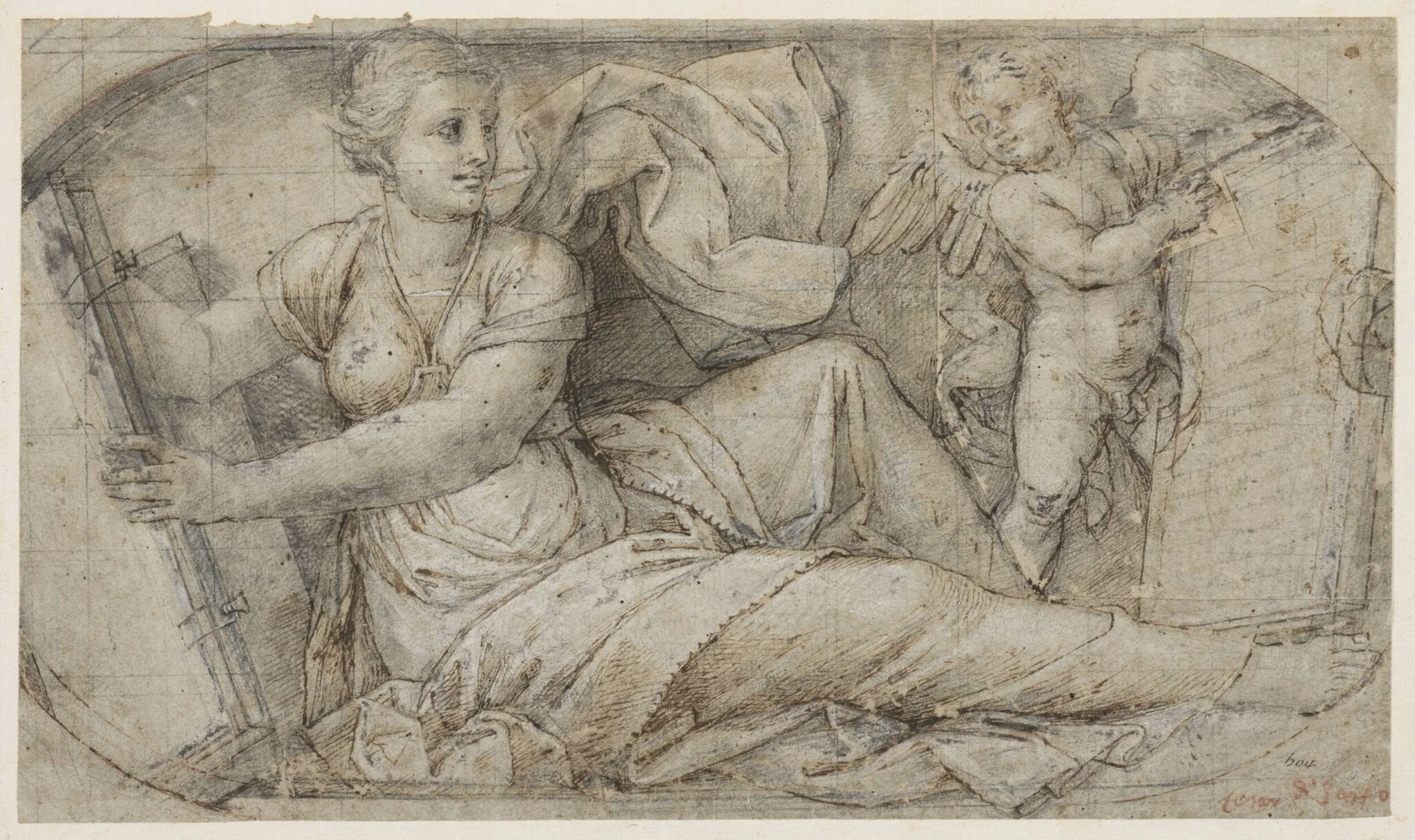 Reclining sibyl holding a book, with a winged putto supporting an inscribed tablet
