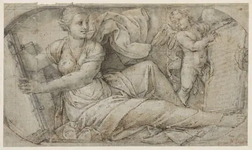 Reclining sibyl holding a book, with a winged putto supporting an inscribed tablet