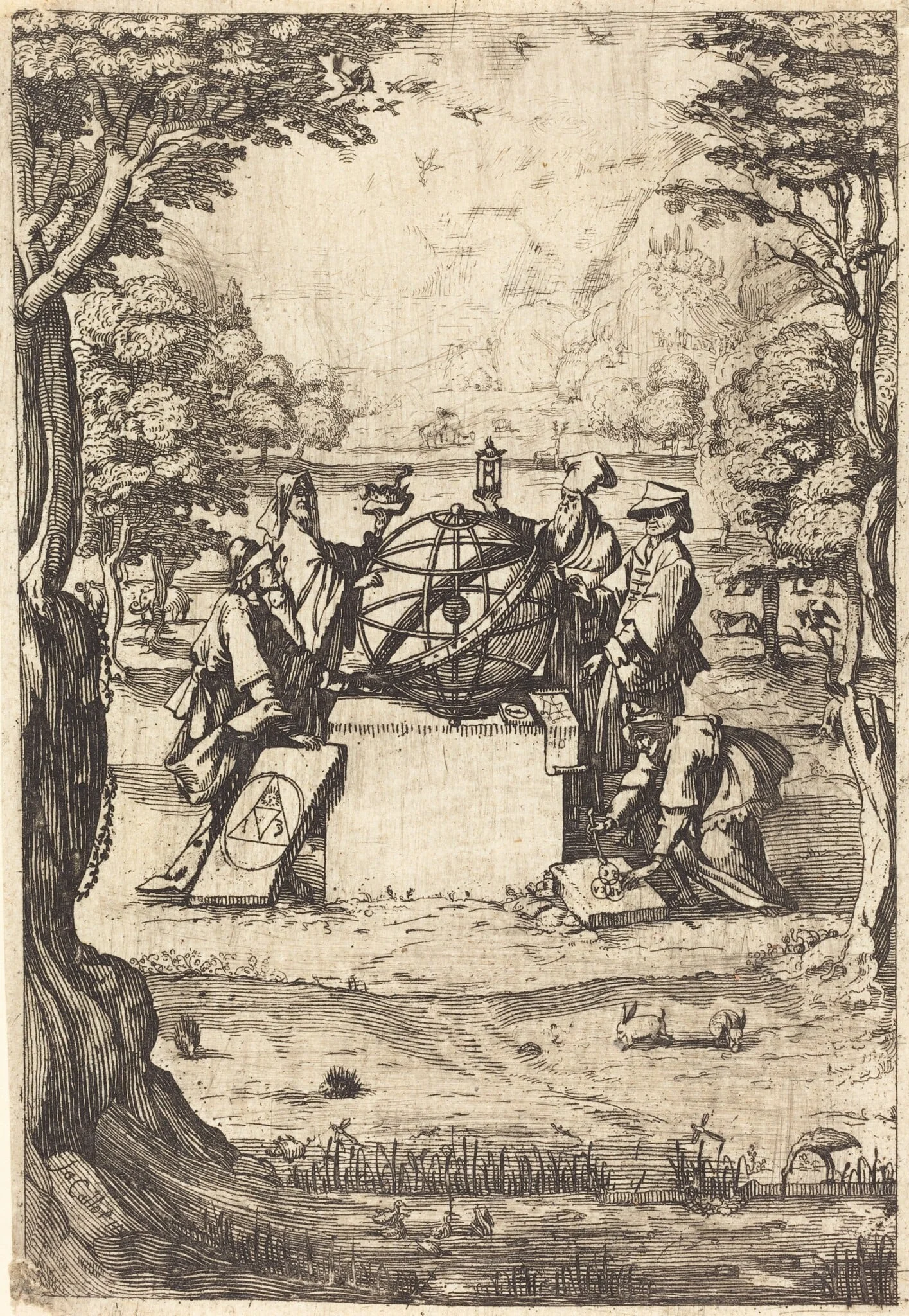 Frontispiece for the Sacred Cosmologia (Title With Astrologers), by French 17th Century, ink, 1630