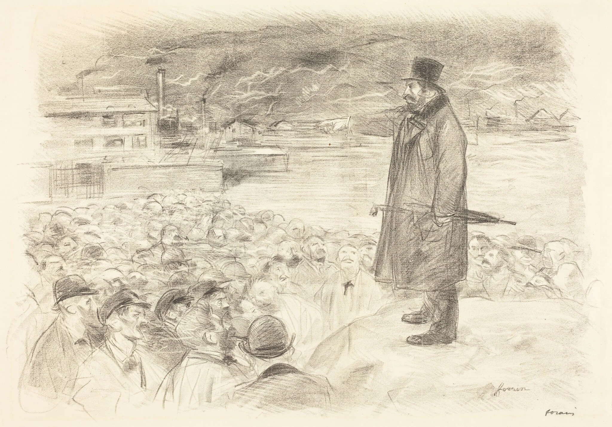 a) Scène de grève (3e planche) (Scene of a Strike) (third plate) (recto); b) Untitled (verso), by Jean-Louis Forain, crayon, 1897