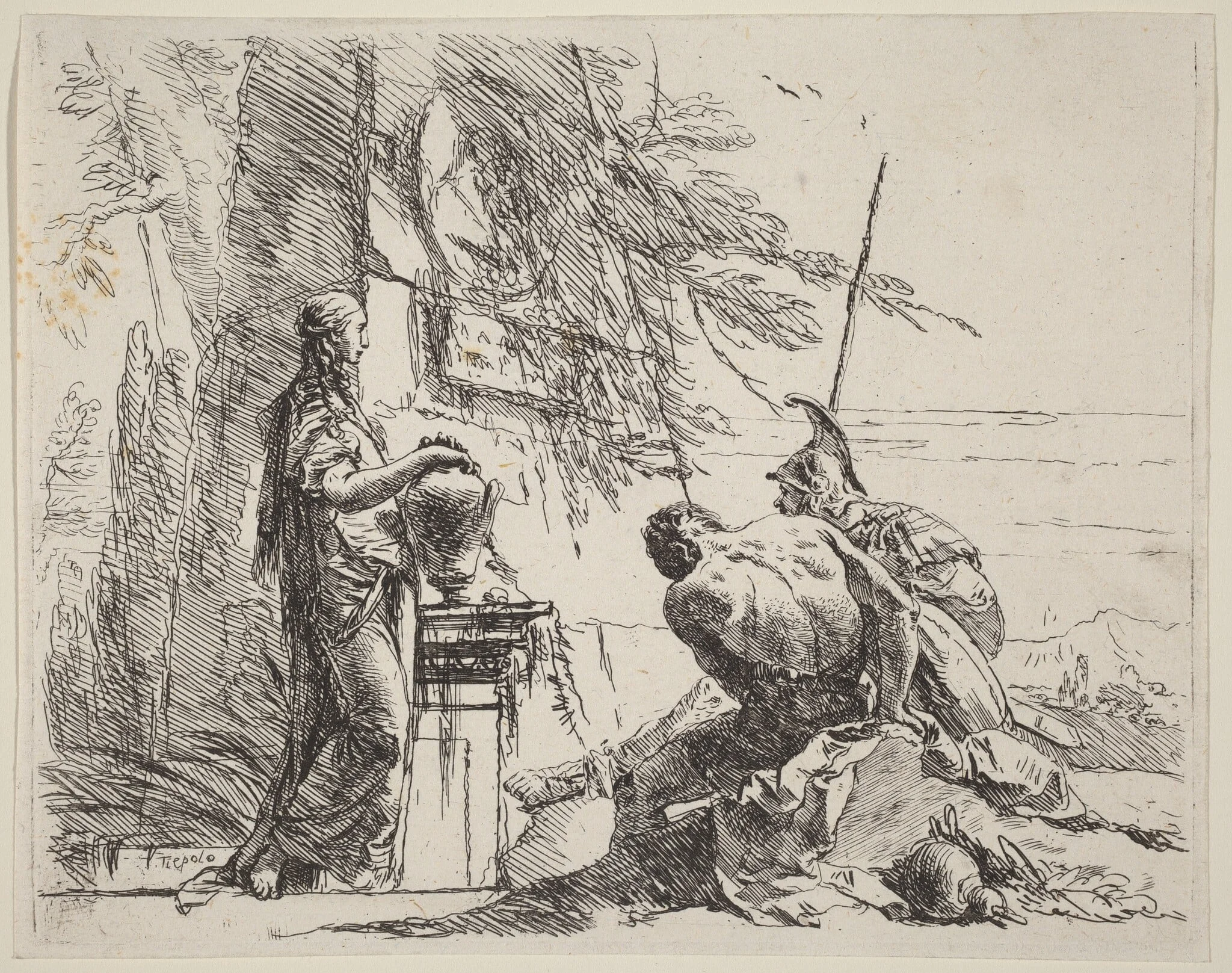 Standing Woman and Seated Men before an Obelisk, by Giovanni Battista Tiepolo, ink, 1785