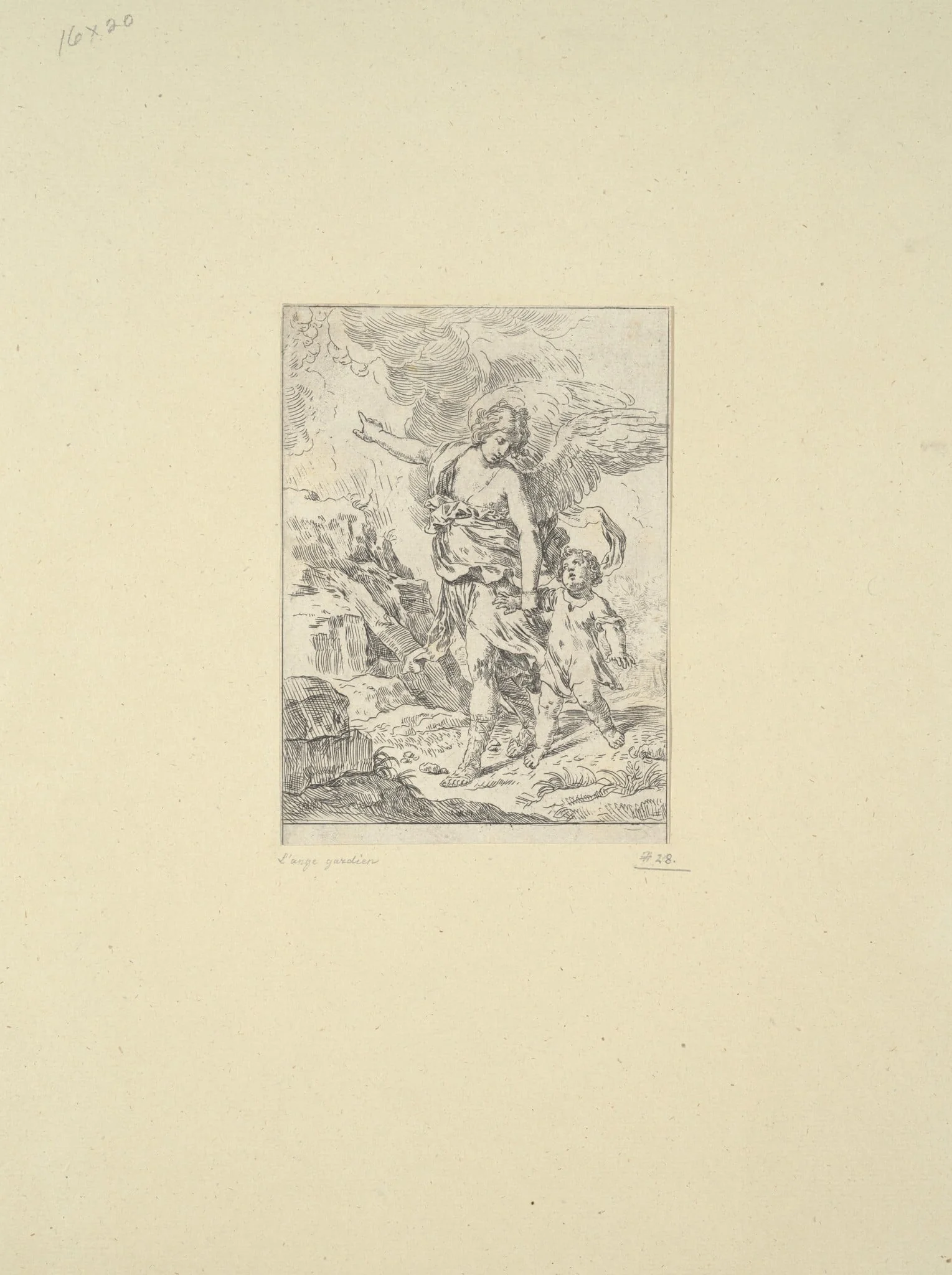 Guardian Angel, by Simone Cantarini, ink, 1644