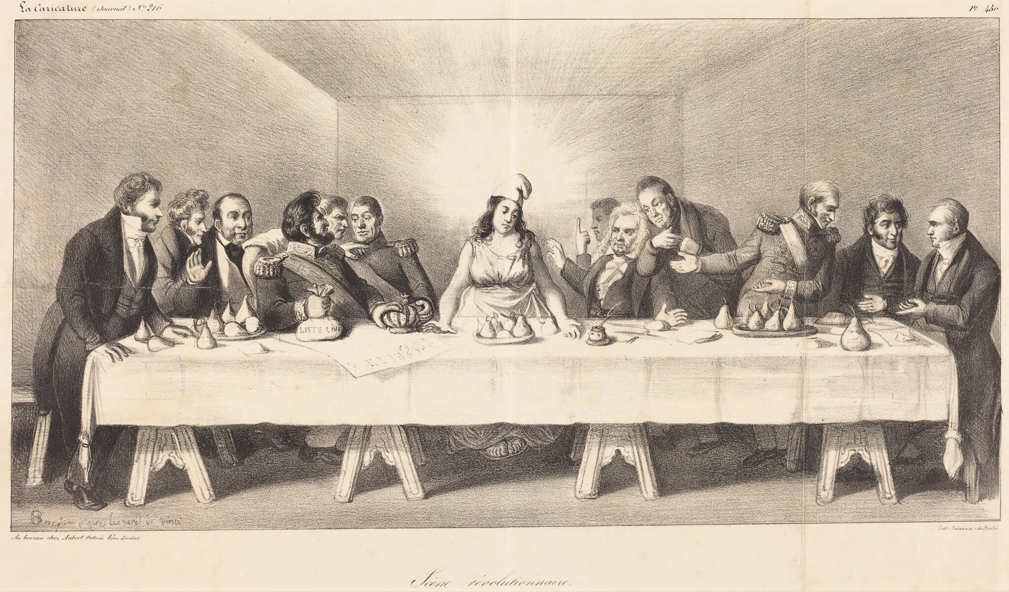 Scène révolutionnaire: Parody on the Last Supper, by Auguste Bouquet, ink, 1834