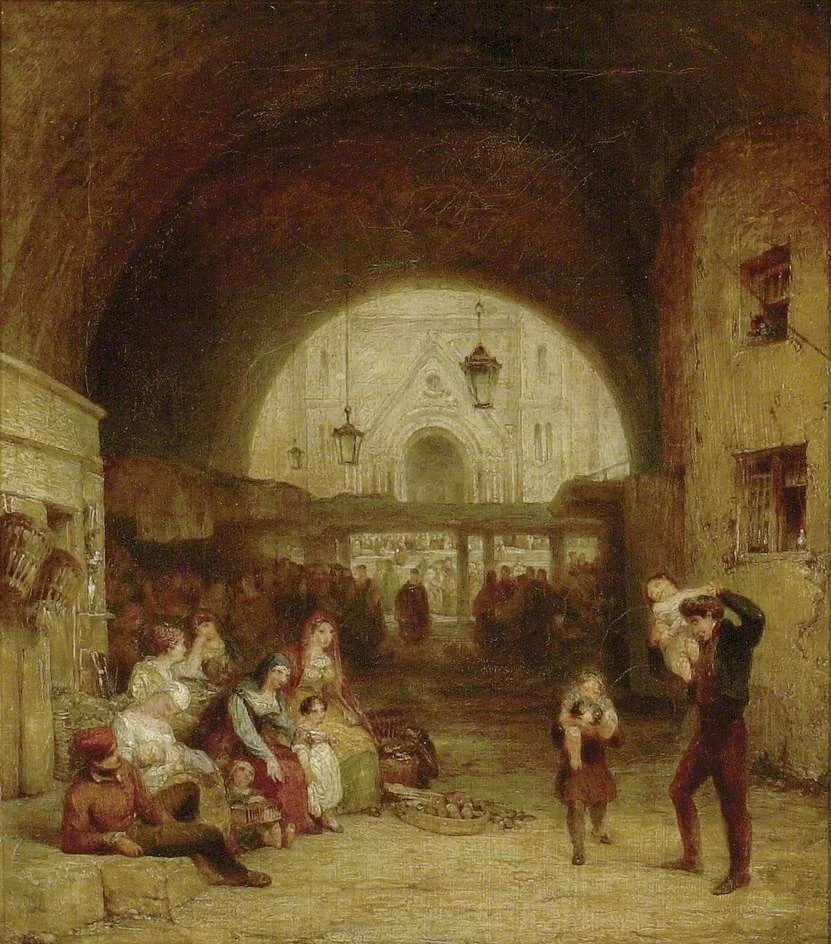 An Archway at Bologna, with the Piazza Maggiore beyond, by George Jones, oil, 1830