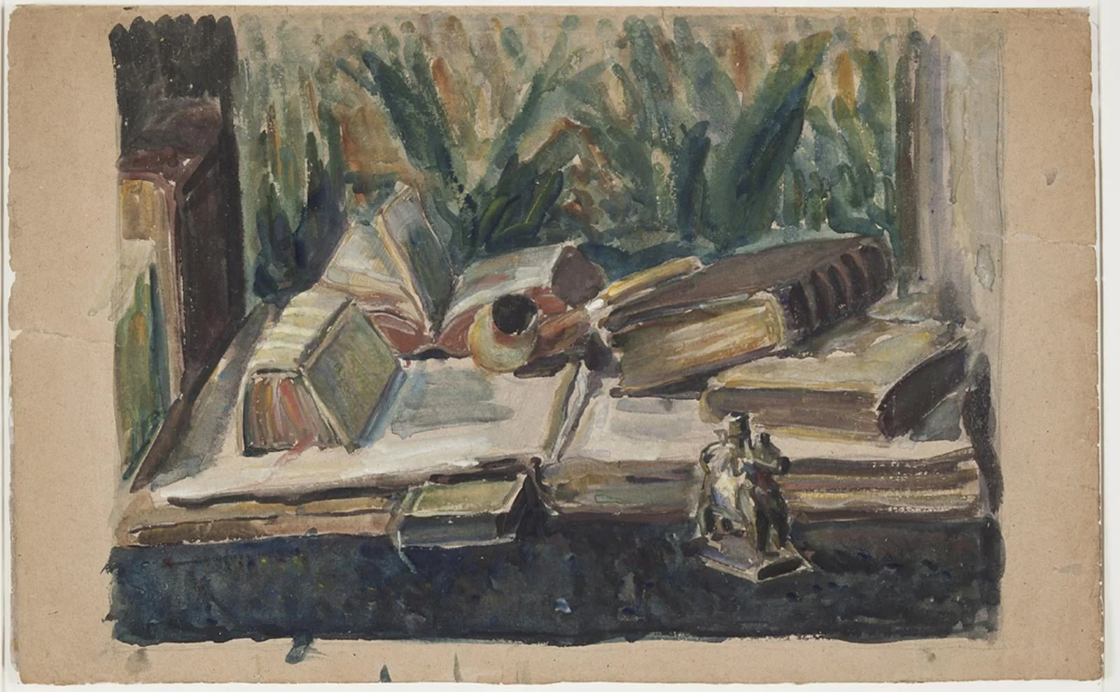 Opstilling med bøger, pibe og figur, by Unknown, unspecified, 1911