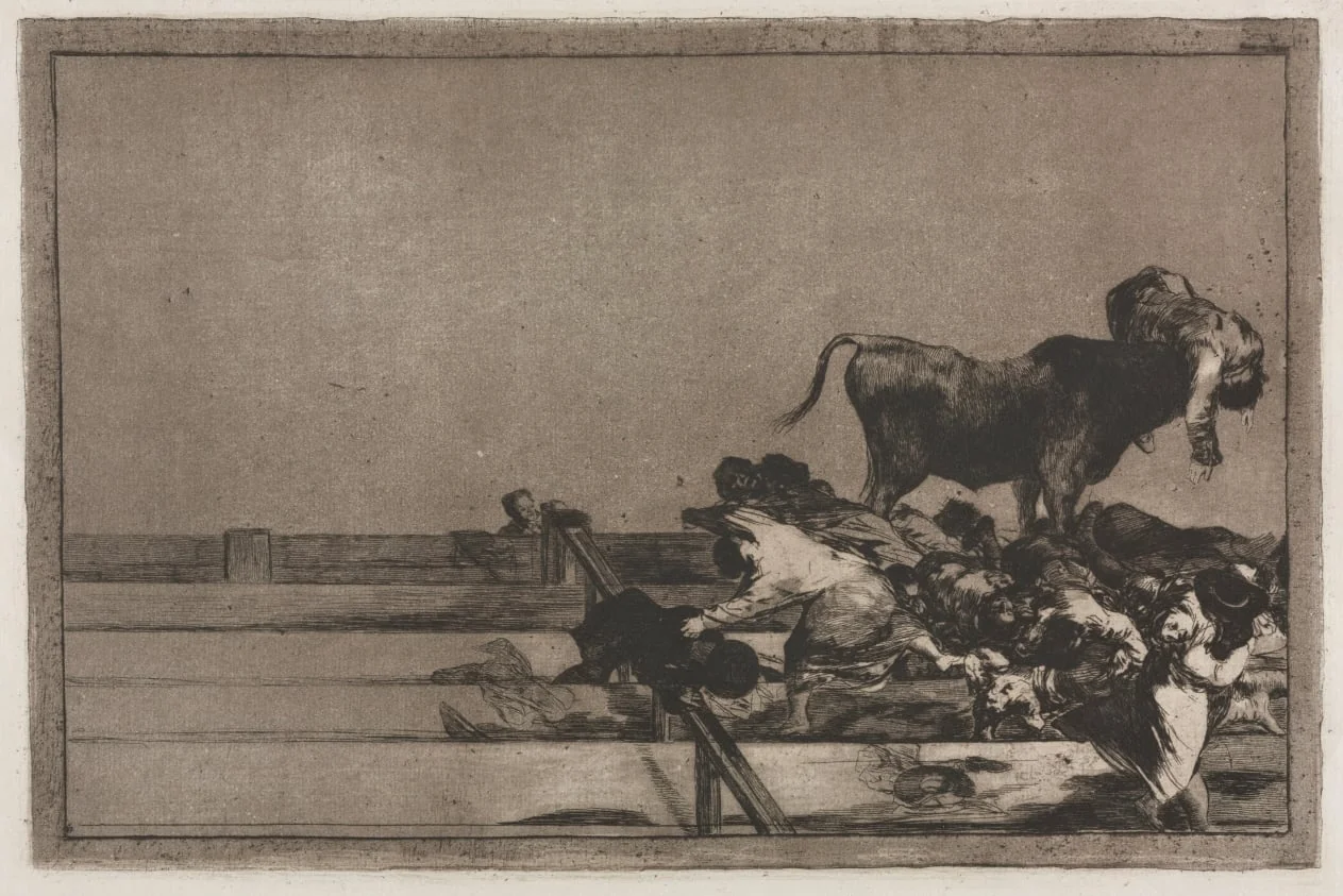 Bullfights:   Dreadful Events in the Front Rows of the Ring at Madrid and Death of the Mayor of Torrejon, by Francisco Goya, 1816