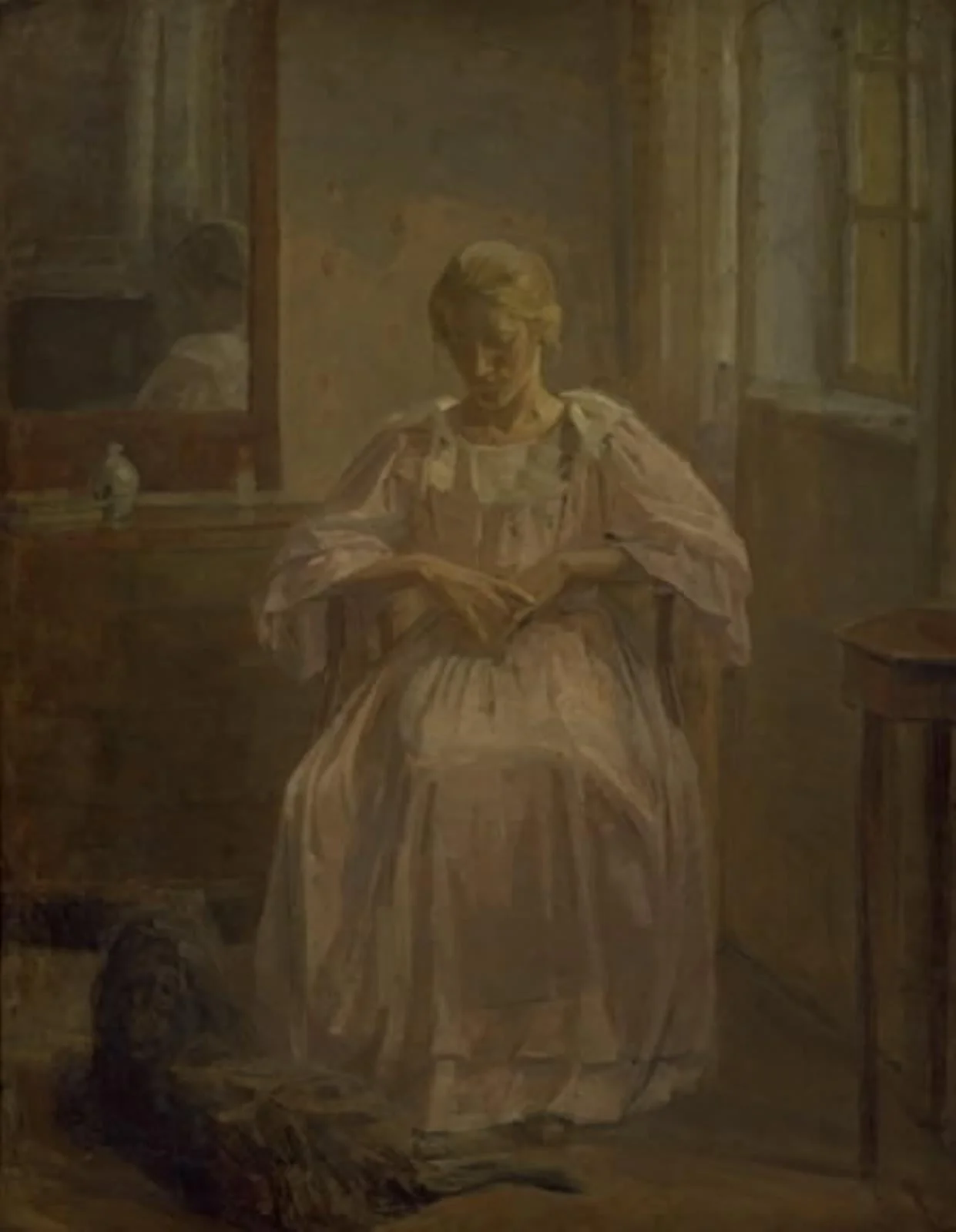 En ung pige, Sophie Lofthus, med en hund, by Unknown, 1908