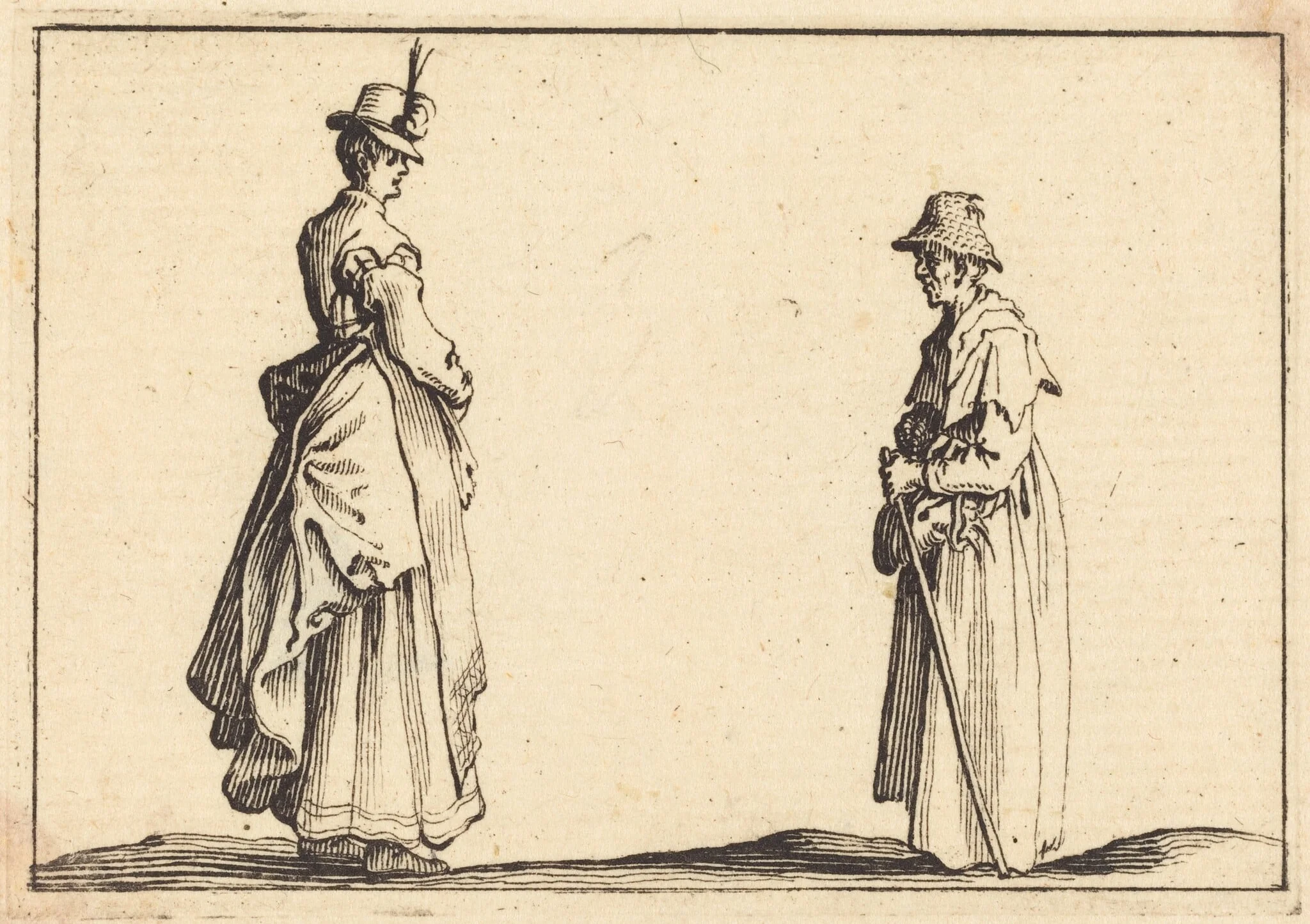 Two Women in Profile, by Jacques Callot, ink, 1617