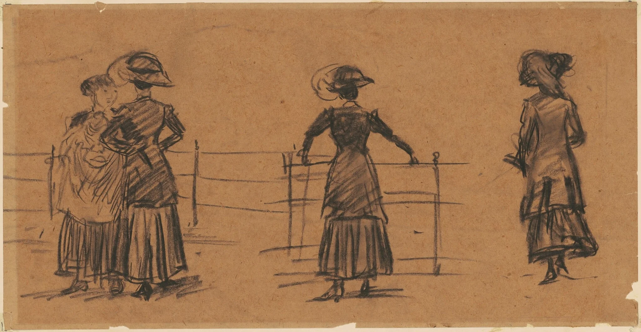 Studies of Women by the Park Railing, by William Glackens, charcoal, 1905