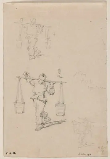Three drawings of a Chinese porter