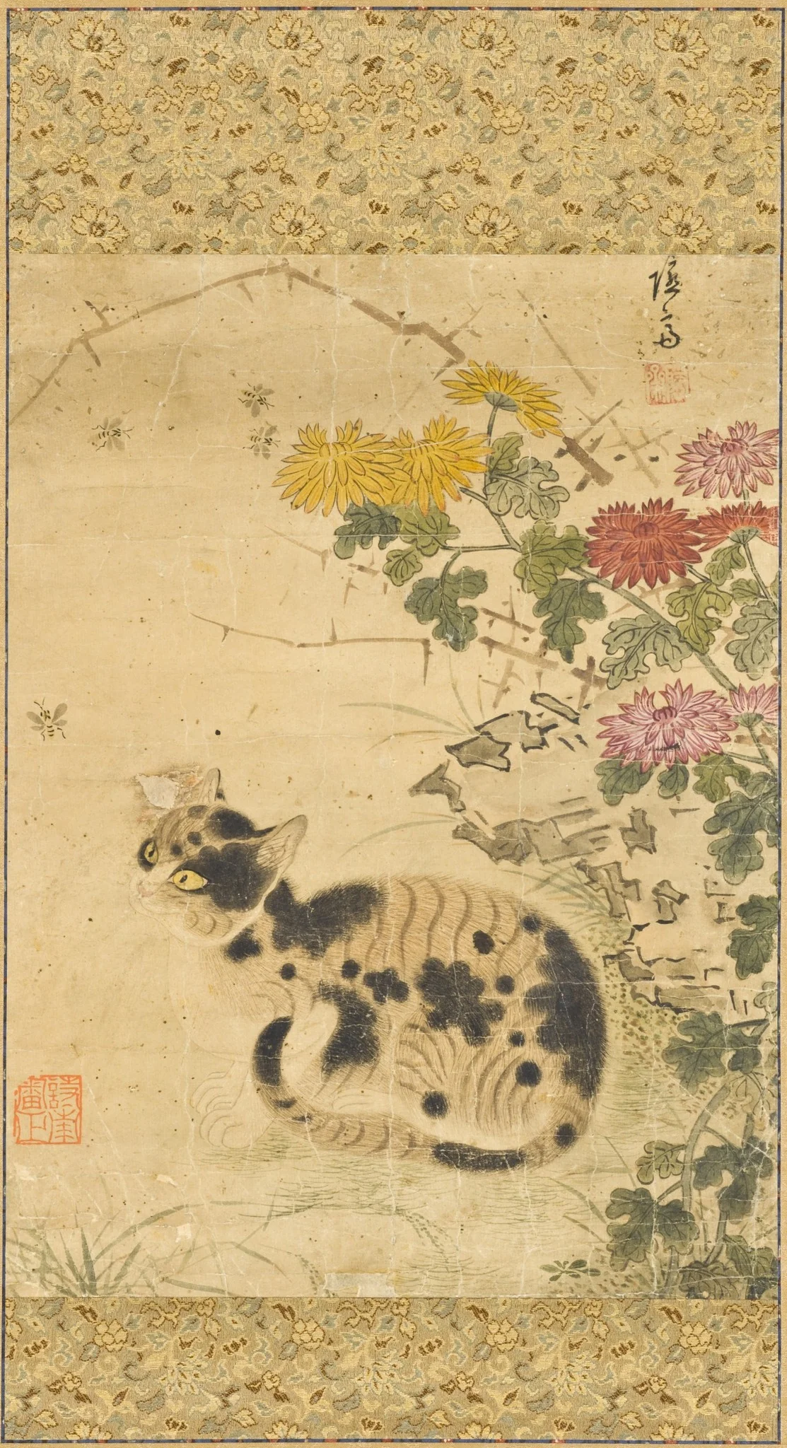 Cat under Chrysanthemums  Hen and Chicks under Flower, by Unknown, unspecified, 1750