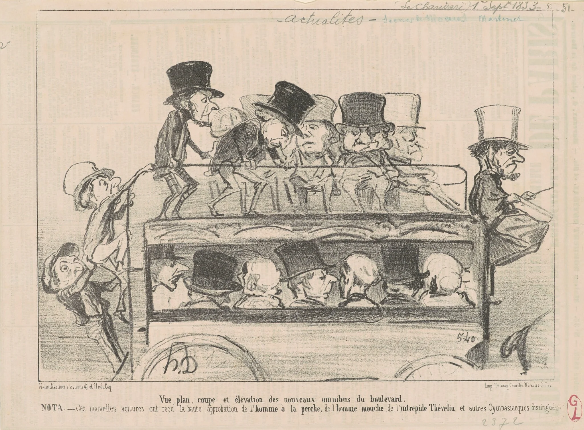 Vue ... et elévation des ... omnibus du boulevard ..., by Honoré Daumier, ink, 1853