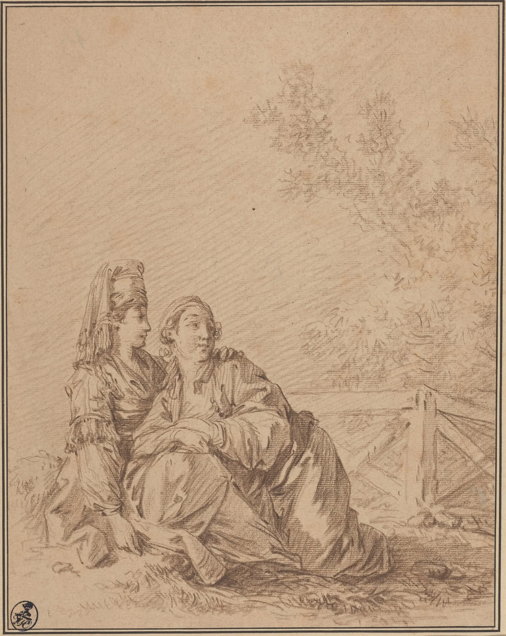 Two Russians Seated in Landscape, by Jean-Baptiste Le Prince, chalk, 1758