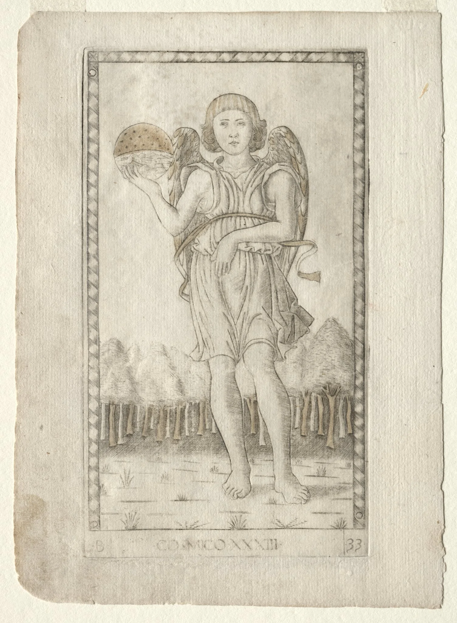 Genius of the World (from the Tarocchi, series B: Cosmic Principles & Virtues, #33), by Master of the E-Series Tarocchi, 1467