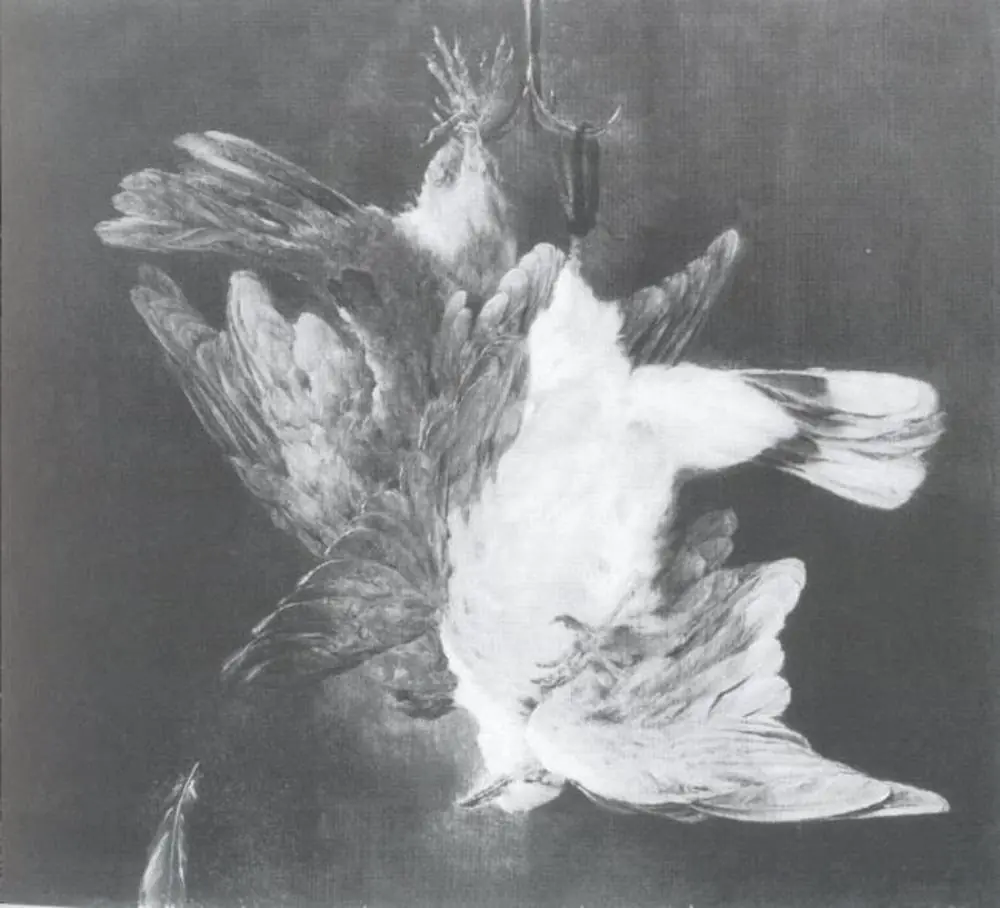 Still Life with Doves Hanging from an Iron Hook