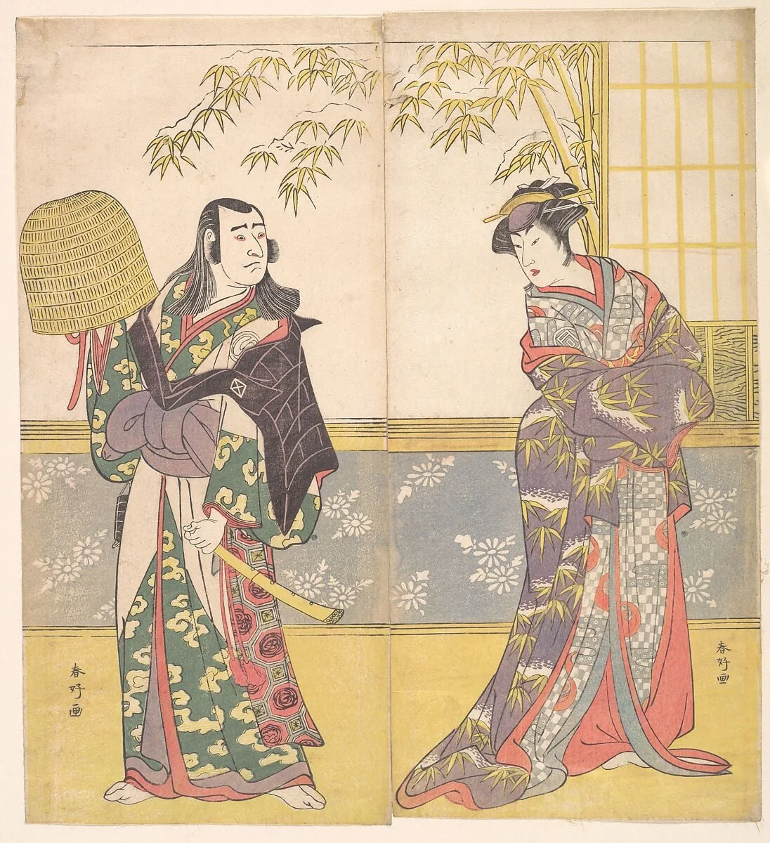 勝川春好画 三代目澤村宗十郎	三代目佐野川市松	|Kabuki Actors Sawamura Sōjūrō III and Sanogawa Ichimatsu III in "A Courtesan’s Mirror for the Eastern Provinces" (Keisei Azuma kagami), by Katsukawa Shunkō, ink, 1788