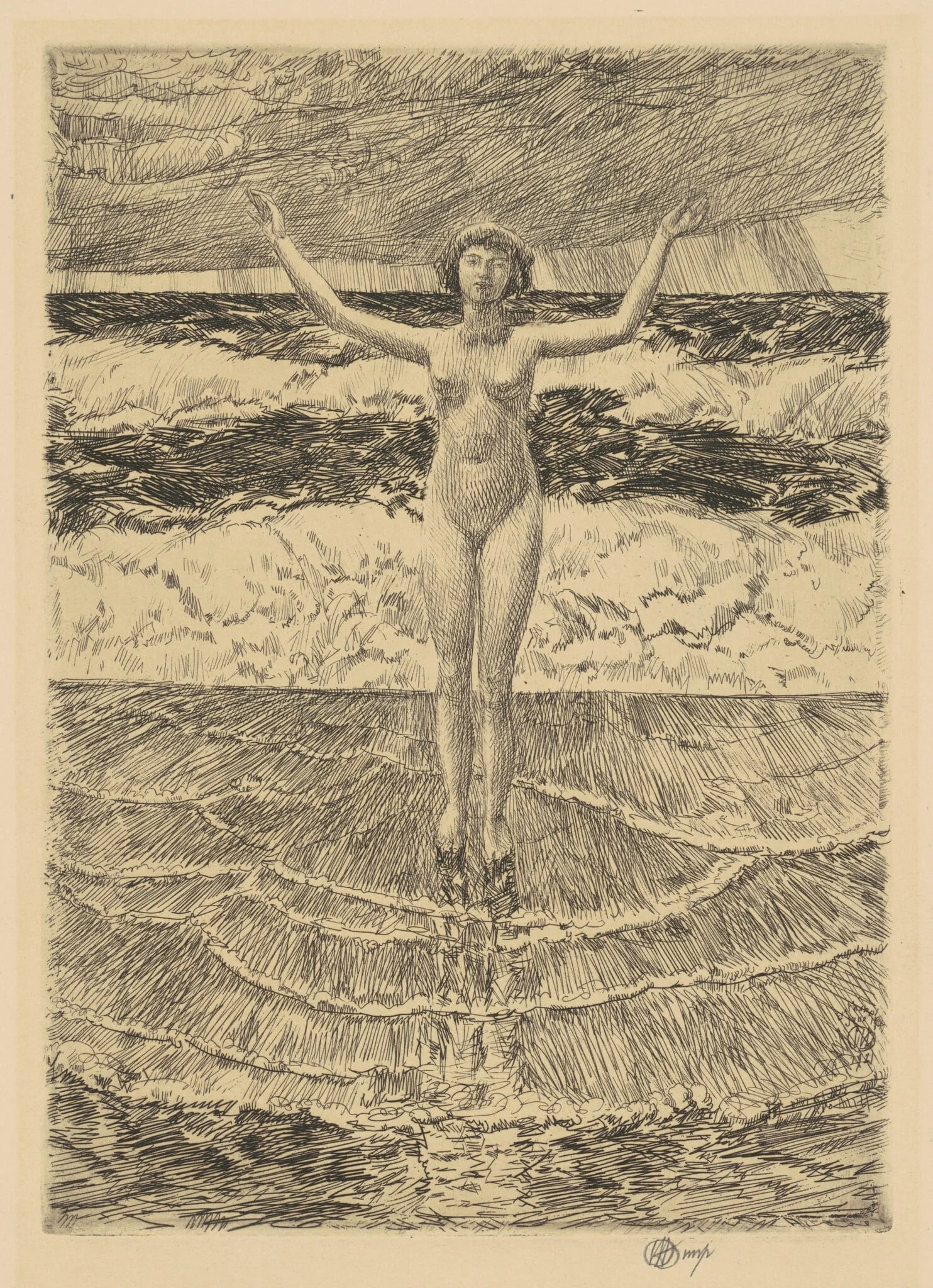 Rain Drops and Surf, by Childe Hassam, ink, 1921